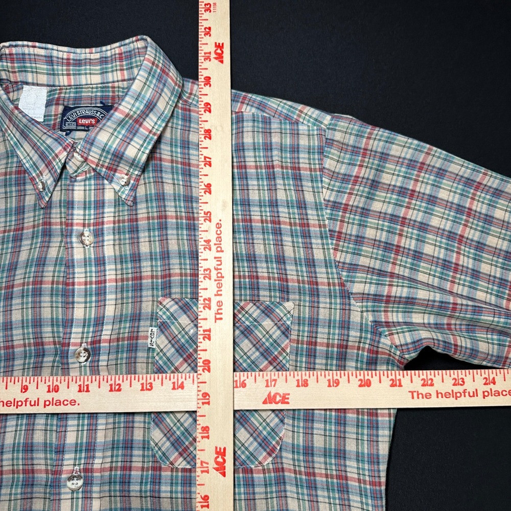 Vtg Levi Strauss‎ & Co Button Shirt Mens L Regular Tan Blue Red Plaid Cotton USA - Picture 10 of 14